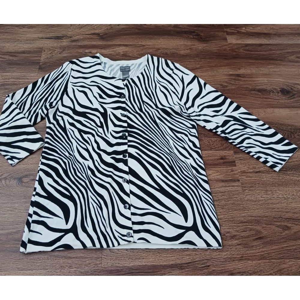 Additions by Chico's Zebra Print Cardigan Sweater Black White Button Front Sz 1